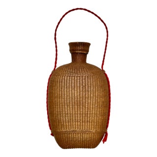 Excellent Antique Hand Woven Basket Weave on Blown Glass Bottle Flask With Cork Stopper Top - Circa Late 1800s For Sale