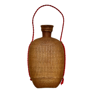 Excellent Antique Hand Woven Basket Weave on Blown Glass Bottle Flask With Cork Stopper Top - Circa Late 1800s