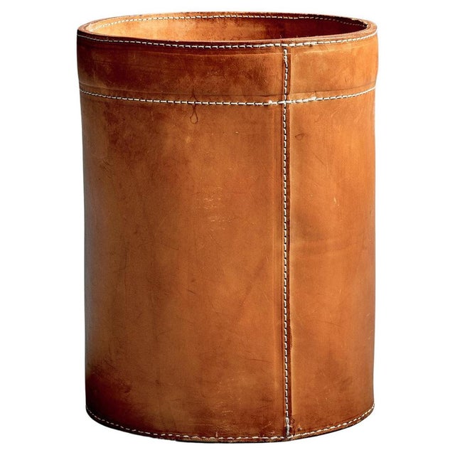 Paper Basket in Cognac Leather with White Stitching, Denmark, 1960s For Sale - Image 10 of 10