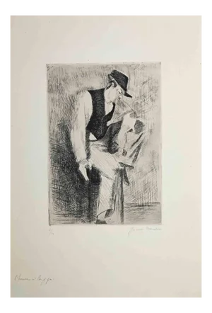Yvonne Mondin, Man with the Pipe, Etching, Mid 20th Century