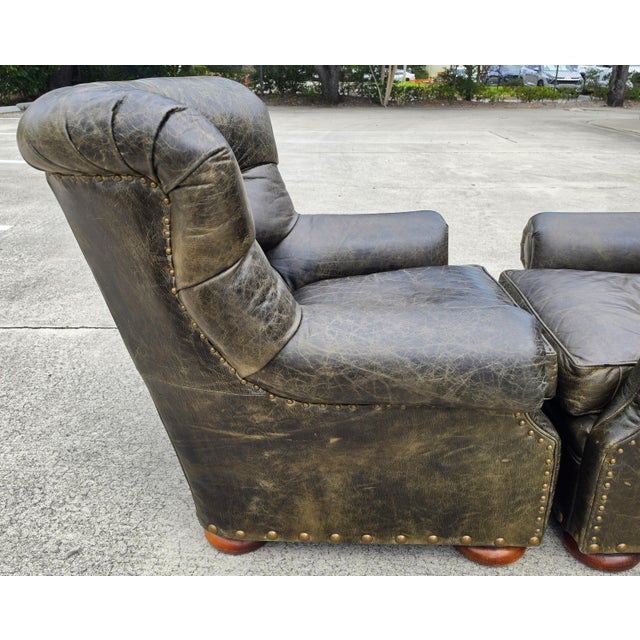 Vintage Henredon for Ralph Lauren English Chesterfield Leather Chair & Ottoman a Pair For Sale - Image 12 of 18