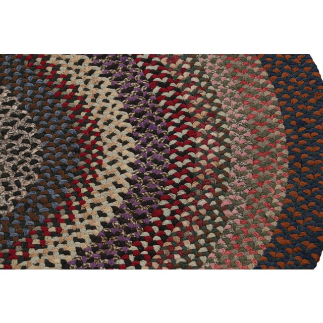 1920s Antique Hooked Oval Rug With Stripes and Geometric Patterns, From Rug & Kilim For Sale - Image 5 of 7