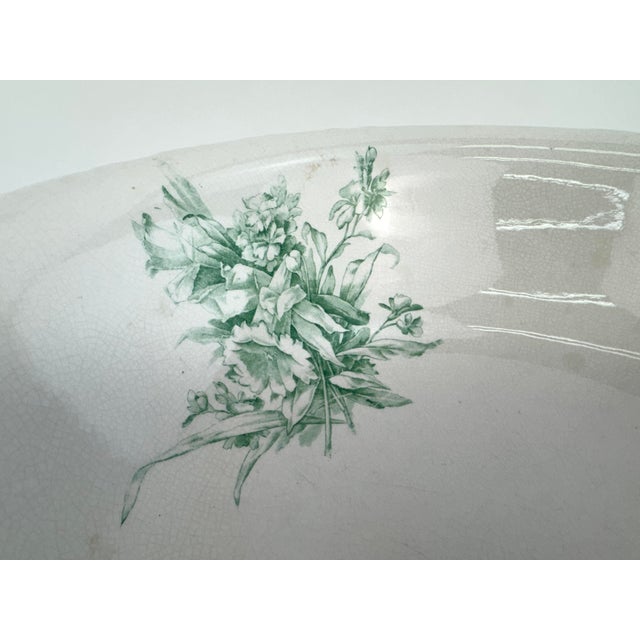 Ceramic Antique French Digoin Ironstone Serving Bowl Green Floral For Sale - Image 7 of 9