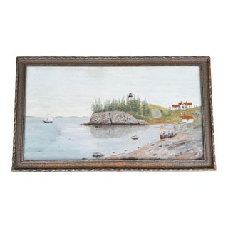 Vintage Maine Coastline Painting • Maritime Oil on Board • Lighthouse Seascape For Sale