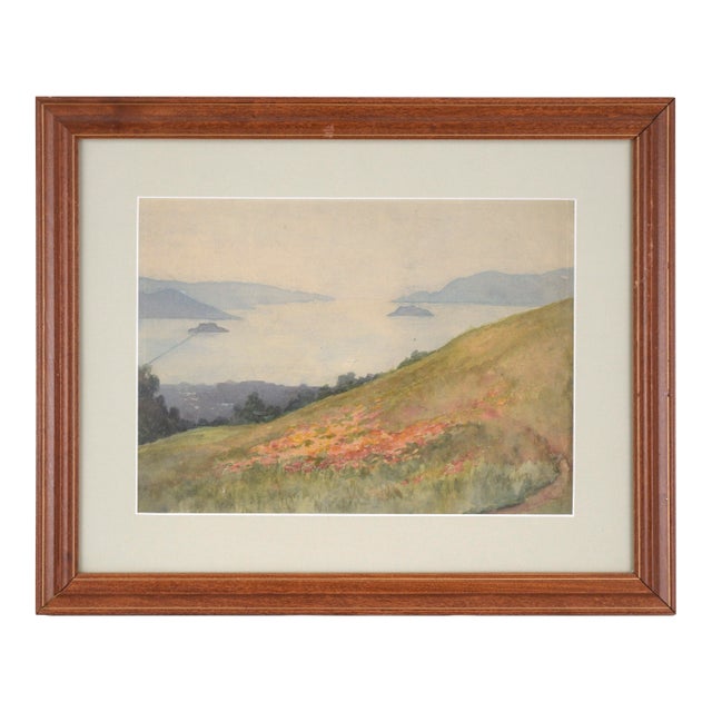 Overlooking the Bay, Mid-Century Coastal Landscape Watercolor For Sale