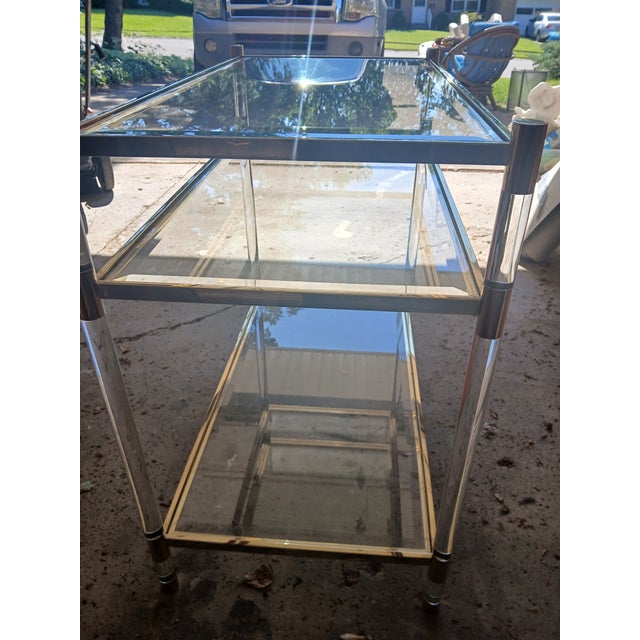 Vintage Brass and Lucite Glass 3 Shelf Table, in Manner of Charles Hollis-Jones For Sale - Image 4 of 14