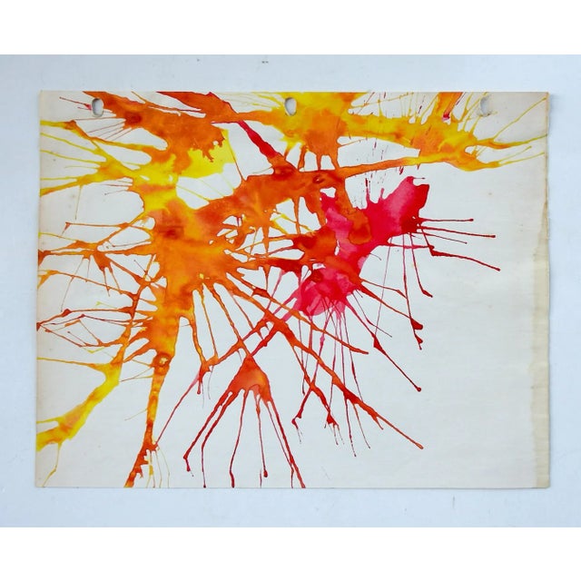 Watercolor on paper abstract in red, orange and yellow. Unsigned. Unframed, holes from sketchbook, age toning at edges.