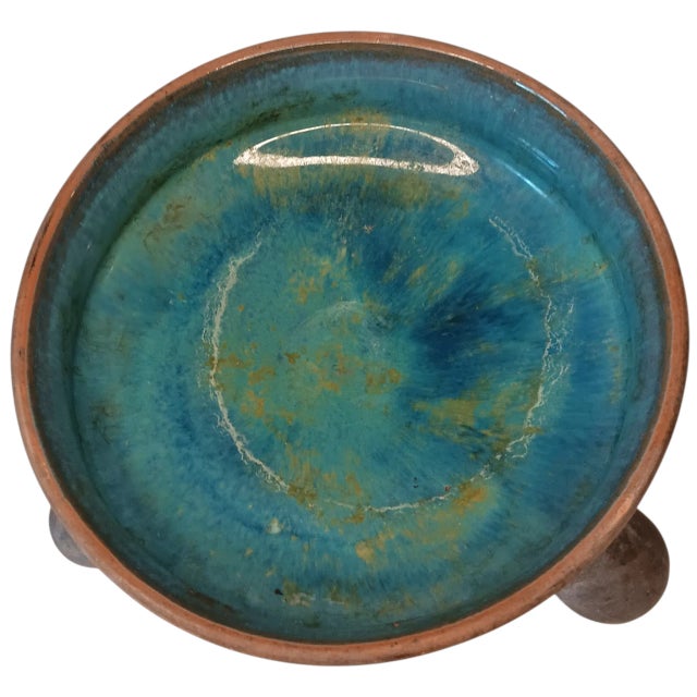 Vintage Mexico Pottery Footed Pedestal Bowl Planter Blue Green Gray Brown Mayan Aztec Design For Sale - Image 4 of 15