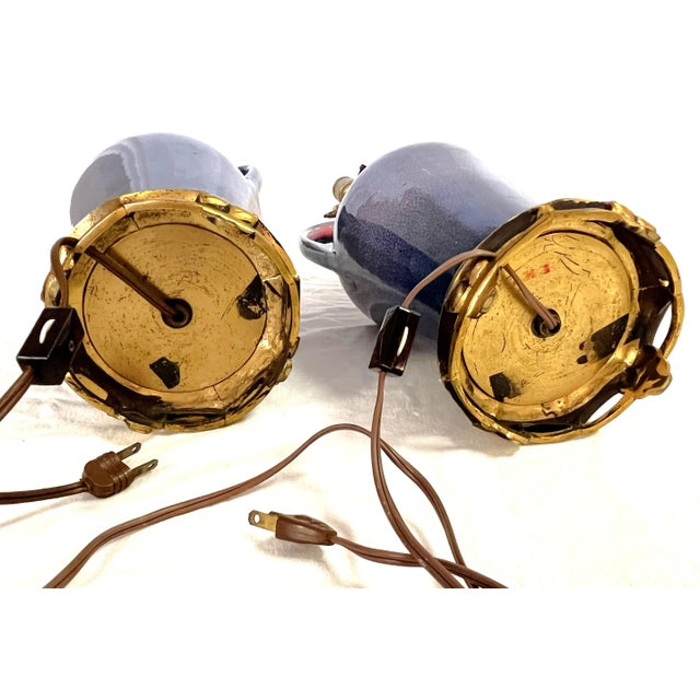 Vintage Ceramic Amphora Handled Vase Lamps With Purple Floral Decoration- a Pair For Sale - Image 12 of 12