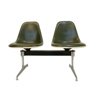 Tandem Bench in Fiberglas and Leather Seat by Charles & Ray Eames for Herman Miller, 1960s For Sale