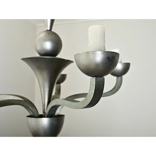 French Vintage Modern Pewter-Tone Chandelier For Sale - Image 9 of 12