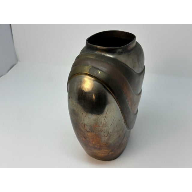 Large Vintage Brass & Copper Swirl Ribbed Metal Vase — Heavy Patinated Urn Up for sale is a stunning, substantial metal...