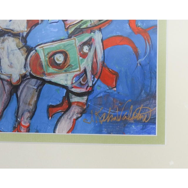 Early 21st century mixed media on paper colorful surrealist figural painting by Julie Kahn Valentine (20th c.) Arkansas....