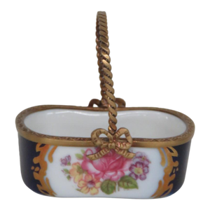 Limoges Dubarry Trinket France Mini Blue Floral Basket With Gold Handle 4719b