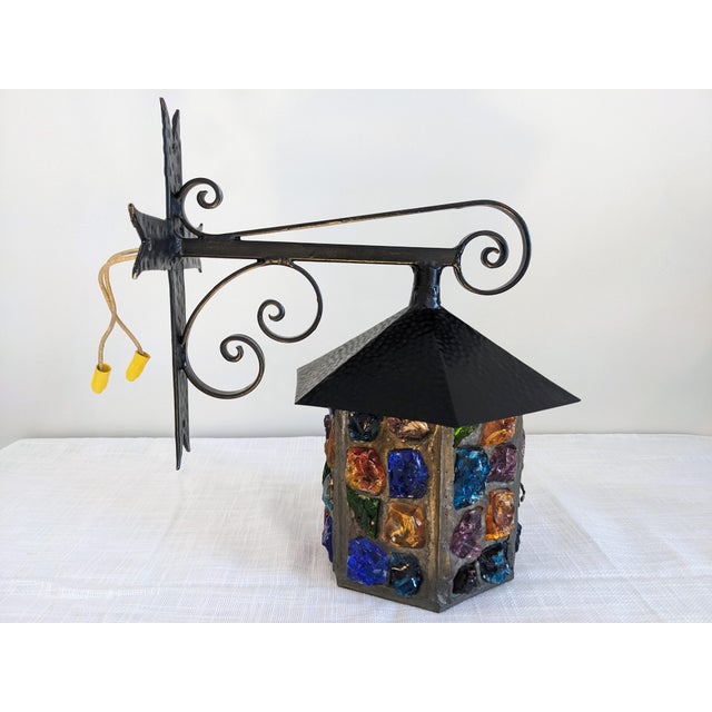 Vintage Peter Marsh Chunk Glass Wall Lantern – Arts & Crafts Style – Multicolor Glass For Sale - Image 6 of 6