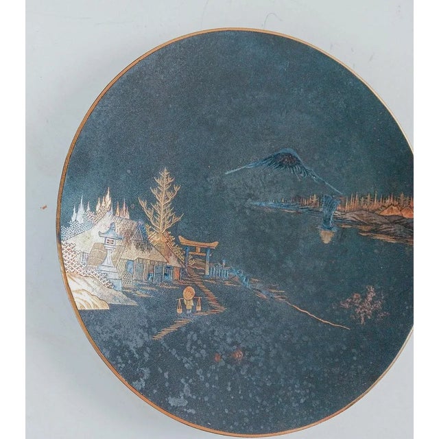Small Vintage Japanese Damascene Mixed Metal Gold Silver Iron Plate For Sale - Image 4 of 6