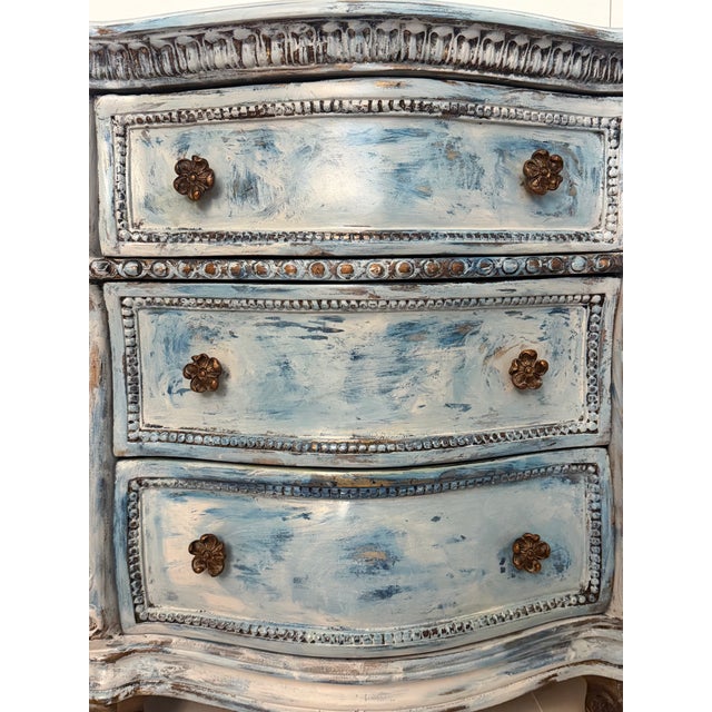 Vintage Distressed Blue Dresser | Hand-Painted 3-Drawer Chest | Shabby Chic French Country | Carved Details | Maison Martine | One of a Kind For Sale In Naples, FL - Image 6 of 12