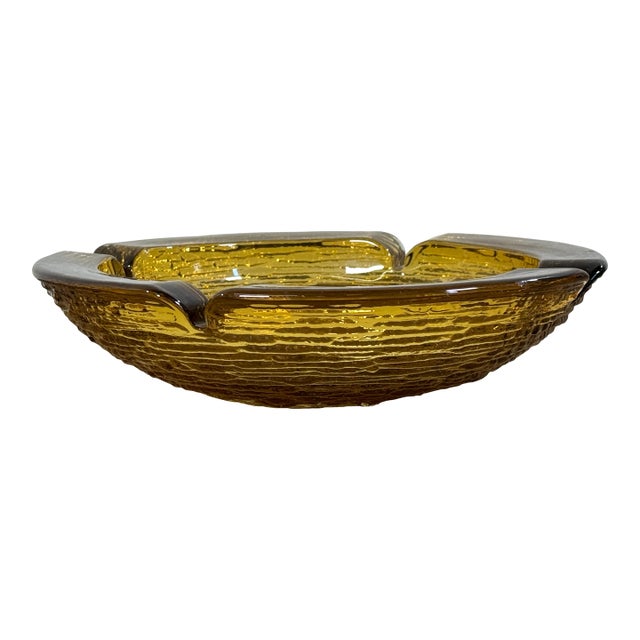 Mid Century Modern Amber Art Glass Ashtray Bowl Thick Textured Catchall For Sale