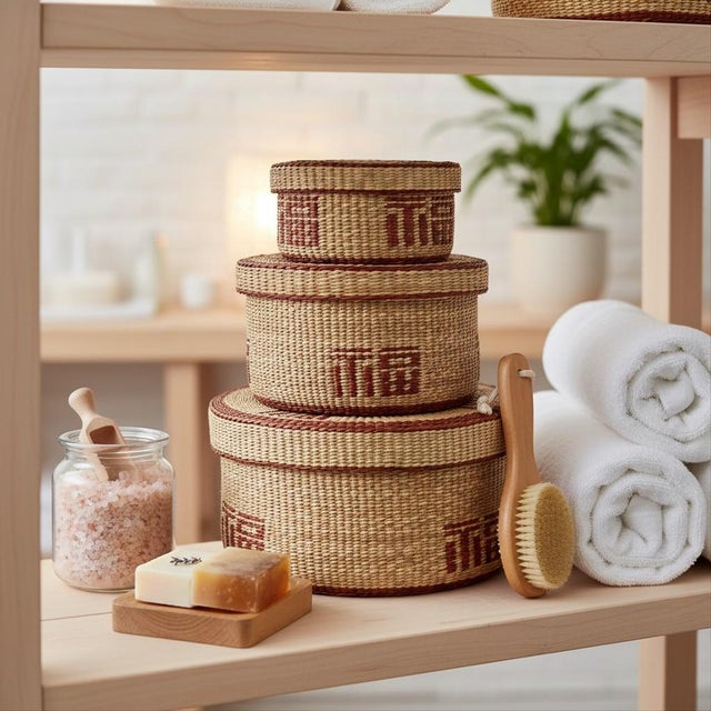 Vintage Woven Nesting Basket Set 3-Lidded Storage Boxes-Boho-Tribal-Southwest For Sale - Image 6 of 10