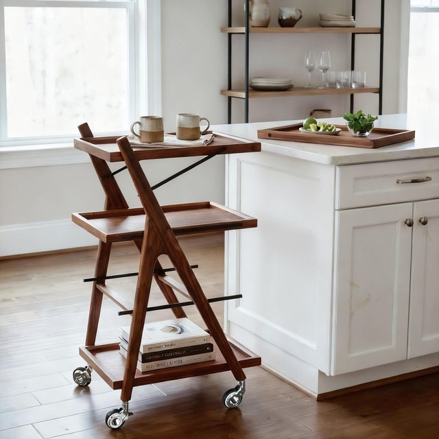 Four-Tier Walnut Bar Cart With Removable Trays, Modern Wood Serving Trolley With Wheels and Locking Casters For Sale - Image 9 of 11