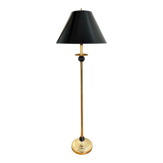 1970s Brass Floor Lamp With Marble Orbs and Black Shade For Sale