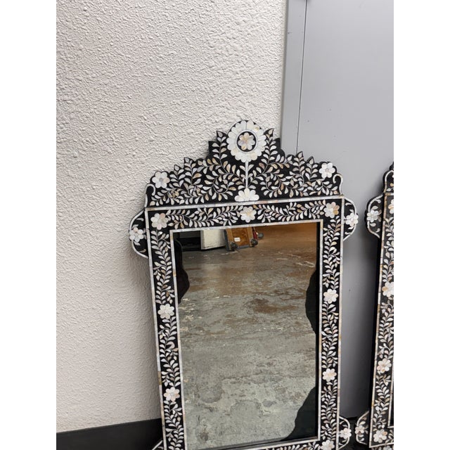Moroccan Moroccan Style Mother-of-Pearl Inlaid Floral Wall Mirrors, Pair For Sale - Image 3 of 12
