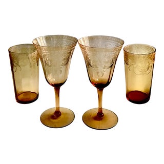 Antique Needle Etch Amber Crystal Glasses - Set of 4 For Sale