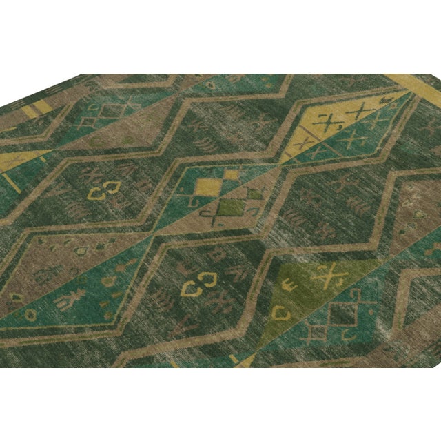 Rug & Kilim Rug & Kilim’s Distressed Style Rug in Green & Brown Geometric Patterns For Sale - Image 4 of 7