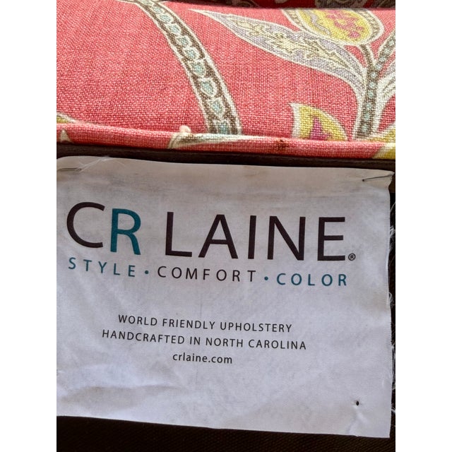 Custom Cr Laine Coral Botanical Cocktail Ottoman | Luxury Designer Upholstered Coffee Table Ottoman With Turned Wood Legs & Brass Casters For Sale - Image 11 of 11