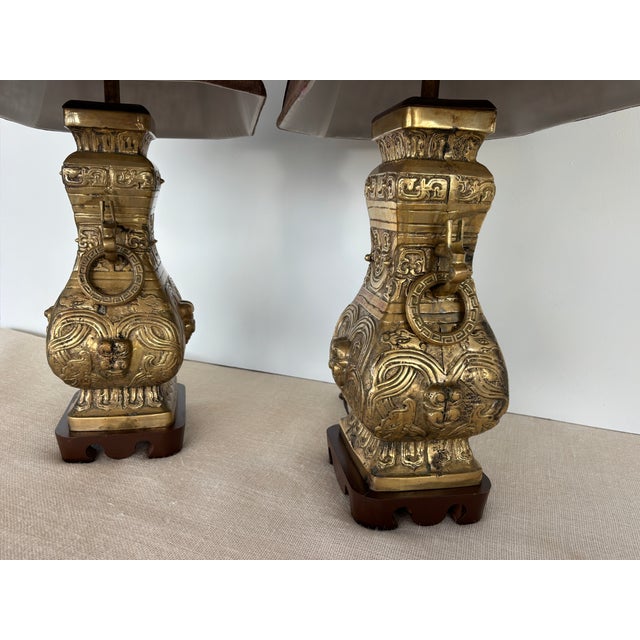 Vintage Pair Asian Archaic Brass Urn Lamps James Mont Style With Linen Shades For Sale In San Diego - Image 6 of 15