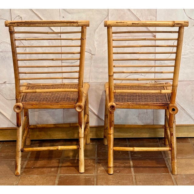 Vintage 1970’s Chinoiserie Bamboo Ladder Back Accent Chair With Woven Rattan Seat, Paul Frankl Style- A Pair For Sale - Image 9 of 12