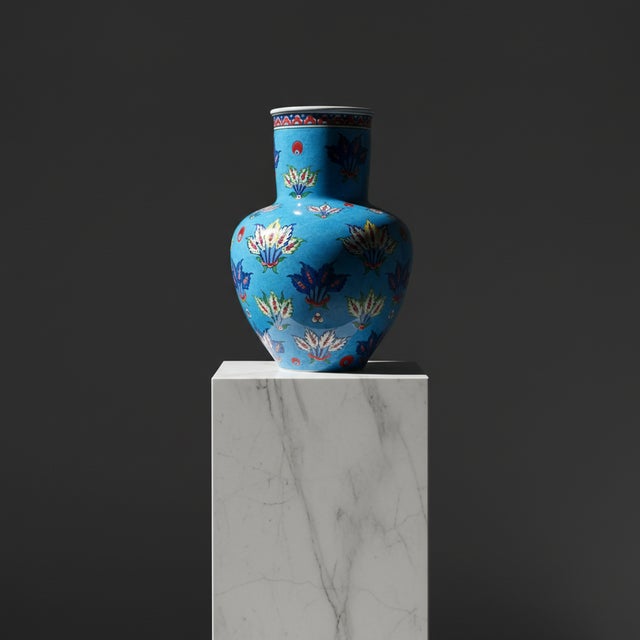 Turquoise Handmade Ceramic Vase (30cm) – Turquoise “Firuze” Blue with Stylized Fan Flowers – Ottoman Palmette Design For Sale - Image 8 of 8