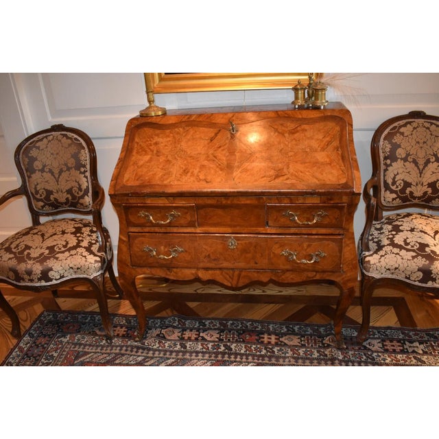 French Louis XV Burlwood 18th century secretaire. This desk is remarkable for its bombe' form. Not only the sides and...