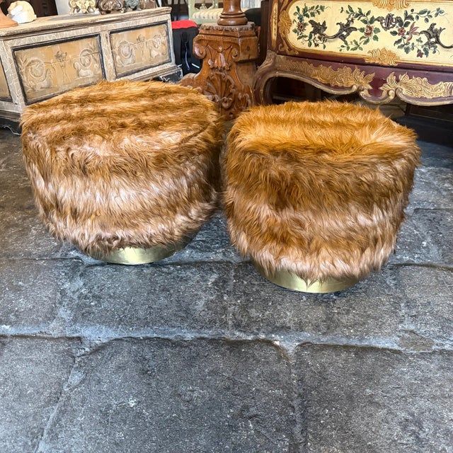 These stunning 1970s Mid-Century Modern poufs, affectionately known as a "Him and Her" set due to their slightly different...