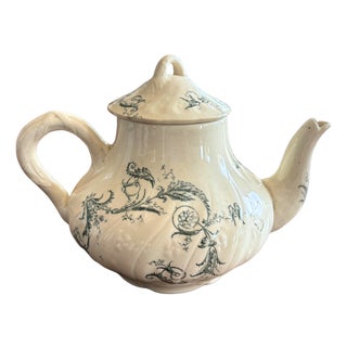French Antique Terre de Fer Style Blue Faience Teapot with Birds, 1880 For Sale