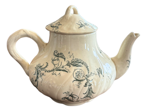 French Antique Terre de Fer Style Blue Faience Teapot with Birds, 1880