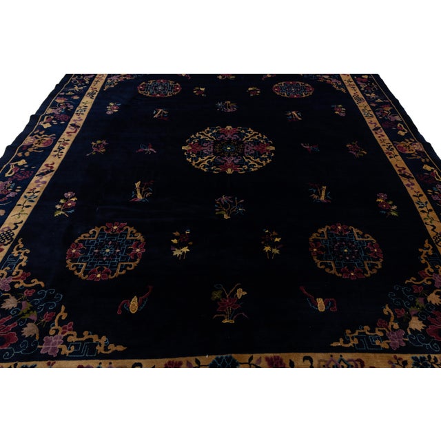 Antique Art Deco Chinese Wool Rug With Indigo Field and Lotus Medallions 9x11 For Sale - Image 9 of 12
