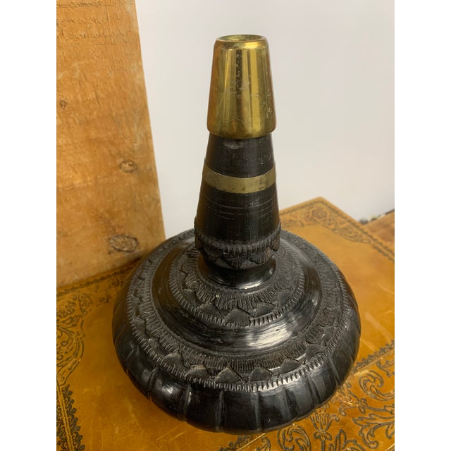 Turkish Etched Terra Cotta Rose Water Vessel with Brass Fittings.