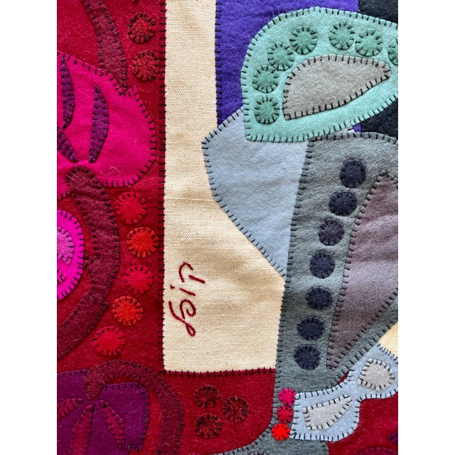 Kopel Gurwin, Wool Felt Applique Israeli Folk Art Signed Tapestry Kopel Gurwin Bezalel School For Sale - Image 9 of 11