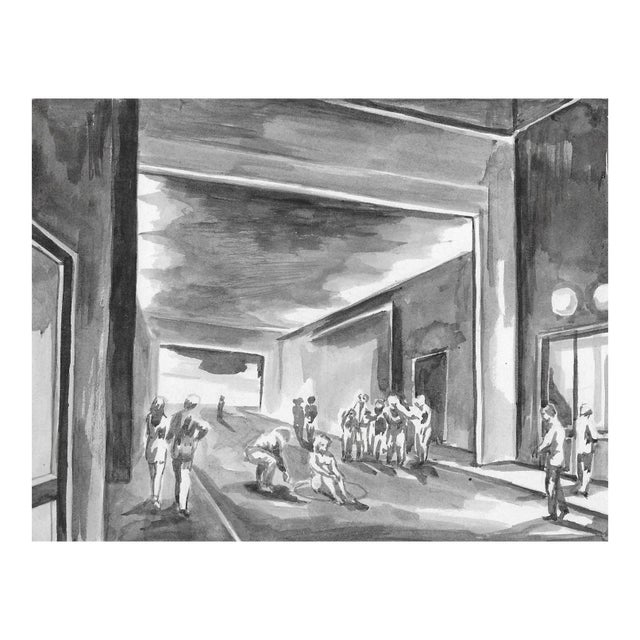 1960s Mid Century City Street With Figures Painting For Sale