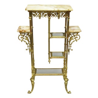Antique Victorian Brass & Onyx Ornate Tiered Etagere Curio Display Stand Shelf For Sale