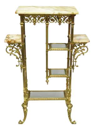 Antique Victorian Brass & Onyx Ornate Tiered Etagere Curio Display Stand Shelf