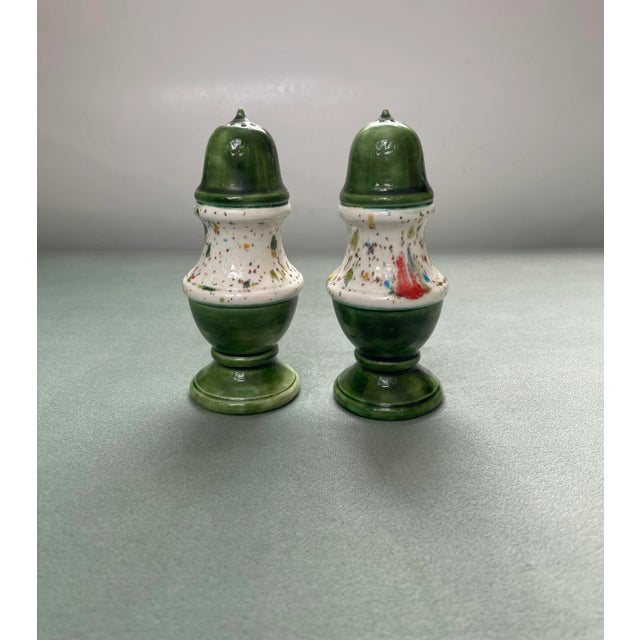 Vintage Green Multicolored Glaze Ceramic Salt & Pepper Shakers- a Pair For Sale In Jacksonville, FL - Image 6 of 10