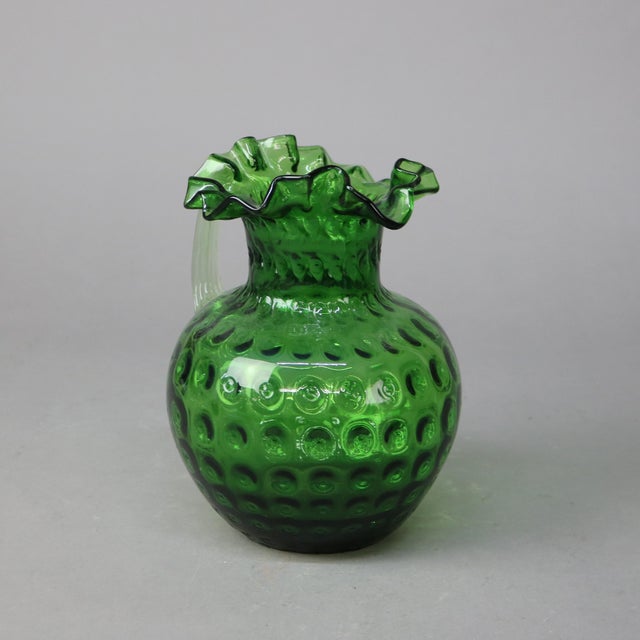 Antique Emerald Green Fluted Art Glass Water Pitcher With Coinspot Pattern, Circa 1890 For Sale - Image 4 of 8