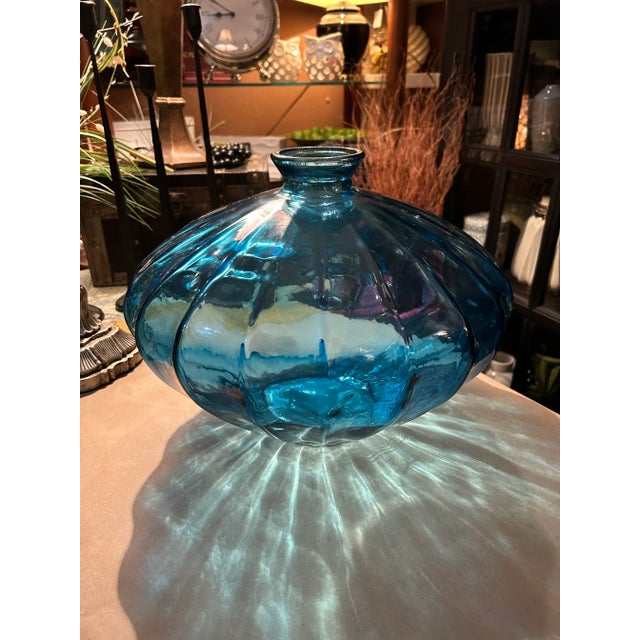 1980s Oversized Vintage Heavy Blue Ribbed Vase For Sale - Image 9 of 10