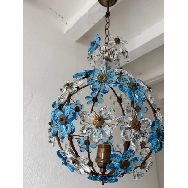 French Blue Flower Ball Crystal Prisms Maison Baguès Style Chandelier, 1920s For Sale - Image 10 of 10