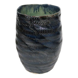 Organic Modern Blue Textured Studio Pottery Vase For Sale