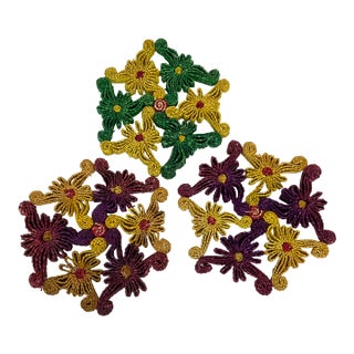 1970s Boho Chic Colorful Rattan Trivets - Set of 4 For Sale