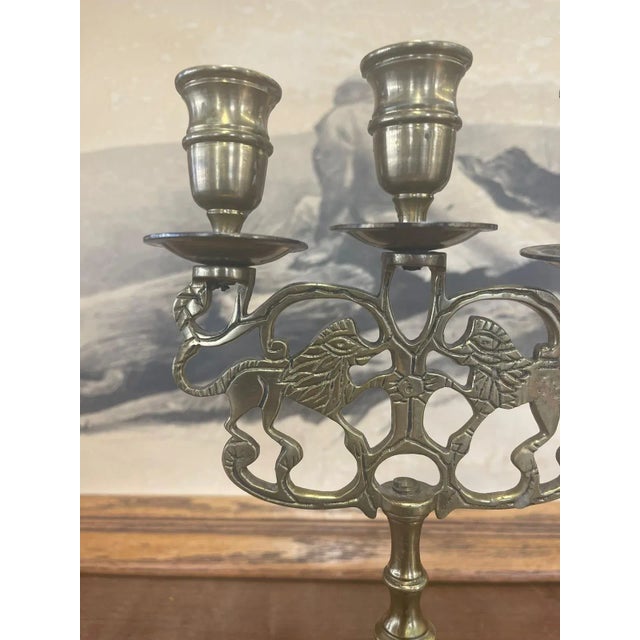 Metal Vintage Gold Toned Candelabra With Lion Motif For Sale - Image 7 of 9