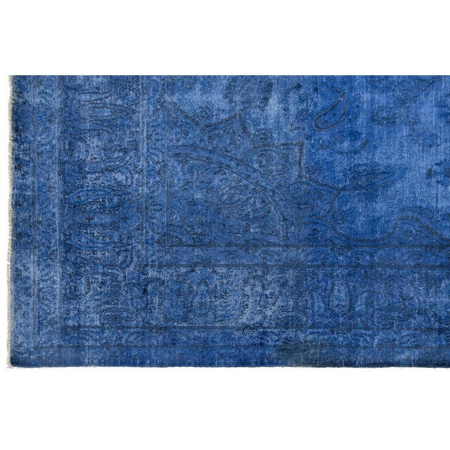 Blue 10x13 Vintage Overdyed Persian Wool Rug - Electric Blue Medallion Hand-Knotted For Sale - Image 8 of 10